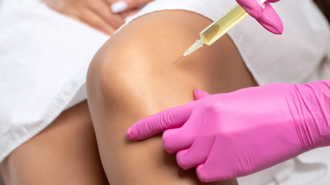 Woman recieving prp injection therapy for joint pain and tissue healing